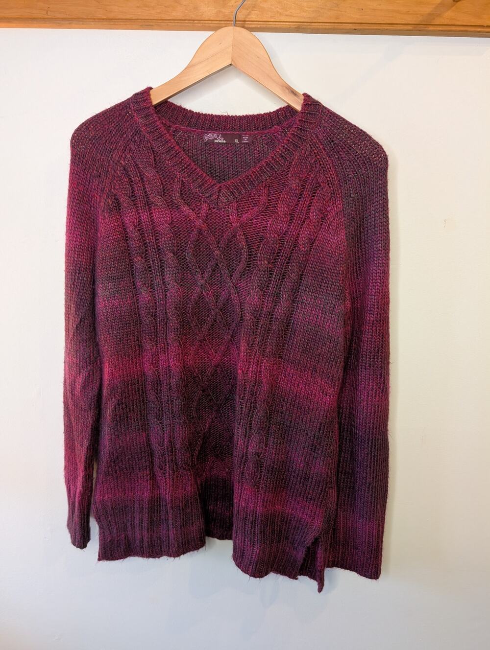 prAna Cable Knit Sweater Burgundy Purple Variegated V Neck Cozy Women's XL